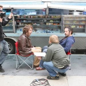 Actor Joe Hendrix with actor Charlie Pecoeraro  director Rick Curnutt on the set of FREE LUNCH 2008