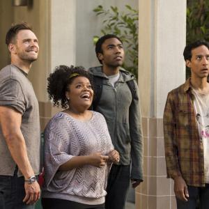 Still of Joel McHale Yvette Nicole Brown Danny Pudi and Donald Glover in Community 2009