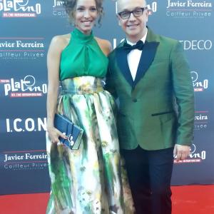Arlette Torres attends the Platino Awards 2015 in Marbella Spain In the photo with the journalist Juan Carlos Arciniegas