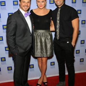 Justin Mortelliti, Carrie St. Louis and Mark Shunock arrive at the Human Rights Campaign Gala at The Aria Hotel and Casino in Las Vegas
