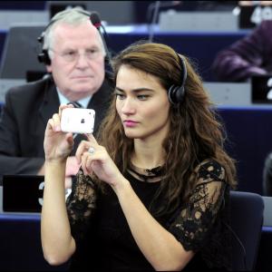 Saadet Aksoy waits at the European Parliament in Strasbourg for the LUX Awards ceremony to be held