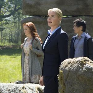 Still of Rebecca Romijn Lindy Booth and John Harlan Kim in The Librarians 2014