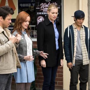 Still of Rebecca Romijn Lindy Booth Christian Kane and John Harlan Kim in The Librarians 2014