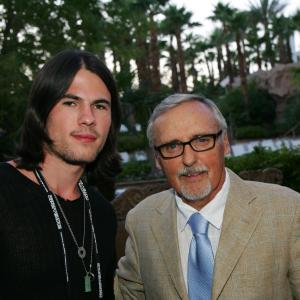 Actor Chandler Rylko from the film Have Love Will Travel L and actor and chair of the CineVegas creative advisory board Dennis Hopper attend the Jackpot Premieres dinner sponsored by Mean Magazine held at Simon Kitchen  Bar inside the Hard Rock Hotel  Casino during the CineVegas film festival on June 11 2007 in Las Vegas Nevada