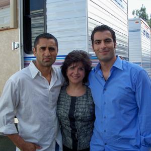 Cliff Curtis,Nina,Merik Tadros on the set of Crossing Over.
