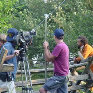 Behind the scenes photo of Algernon Ward being filmed on the set of The Challenge To Freedom in Landis Valley Pa 2004