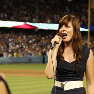 Renna Nightingale sings the National Anthem for the Los Angeles Dodgers.