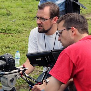 Director Gene Fallaize and cinematographer Andy Paulastides on the set of Contact Lost 2014