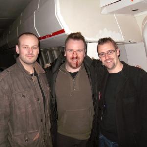 Executive Producers Gene Fallaize and Tony Cook with star Simon Phillips on the set of Airborne 2011