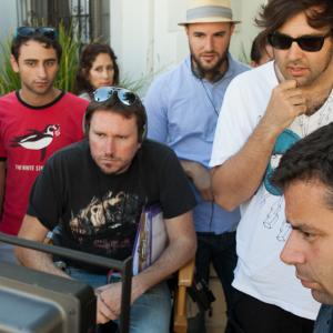 Director Michael Mohan in sunglasses with producers Jordan Horowitz and Michael Roiff on the set of Save the Date