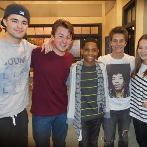 With Spencer Boldman, Tyrel Jackson Williams, Billy Unger, and Kelli Berglund on the set of Lab Rats (2013)