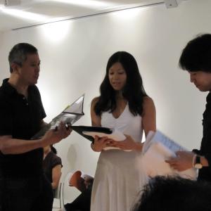 Jennifer Betit Yen (center) with Jim Chu (left) and Eugene Oh (right) in a reading of screenwriter Isaac Ho's THE CHINESE DELIVERMAN. Hosted by NYU, the Asian American International Film Festival and the Asian American Film Lab on August 1, 2013, in NYC.