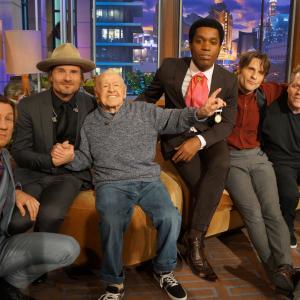 Mickey Rooney center and son Mark Rooney far right with Vintage Trouble at the Tonight Show 2014