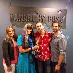 Celebrating the CUT! win of Best Film at the Independent Film and Television Festival. Pictured at Anarchy Post: Chriss Horgan and Solange Schwalbe (audio) with David Banks (actor), and David Rountree (director)