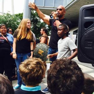 Annabelle Roberts and Dwayne Johnson The Rock at Paramount Studios on July 16 2014 filming a promo for the movie Hercules