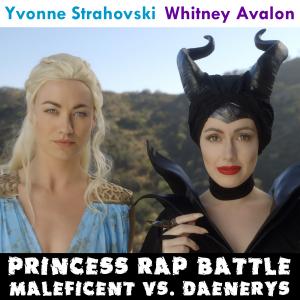 Yvonne Strahovski (as Daenerys Targaryen) and Whitney Avalon (as Maleficent) in the fifth Princess Rap Battle.
