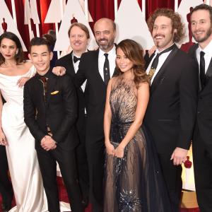 Scott Adsit, Roy Conli, Chris Williams, Genesis Rodriguez, Jamie Chung, Don Hall, T.J. Miller and Ryan Potter at event of The Oscars (2015)