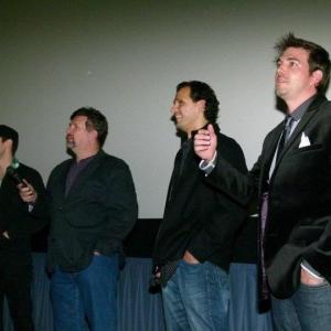 Taking audience questions after All American Zombie Drugs Texas Premiere in support of Operation Kindness Alex Ballar with Beau Nelson Wolfgang Weber and Ken Harrelson