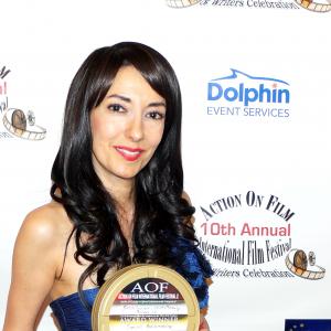 Luciana Lagana after receiving 2nd place best family/youth script award for Special Matchmaking at the writer award ceremony of the Action on Film International Film Festival on 8/28/14