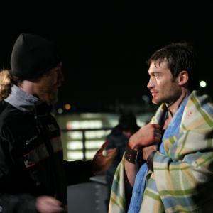 Shane Abbess and Andy Whitfield discuss the rooftop scene on the set of Gabriel