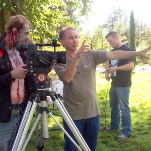 Discussing a shot with DP Levi Anderson who also plays a zombie in the film Vampire Camp