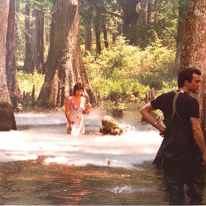 On set of SWAMP THING (1981) creating low ground fog. (pictured are Adrienne Barbeau, Dick Durock, and Geoffrey Rayle)