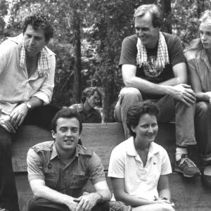 On set of SWAMP THING (1981) with (left to right) Yoram Ben-Ami (A.D.), Geoffrey Rayle (F/X), unknown (Set P.A.), Wes Craven (director), and Mimi Meyer (actress).