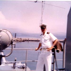 John J. Gobbell aboard destroyer USS Tingey (DD 539) while refueling in Mazatland, Mexico.