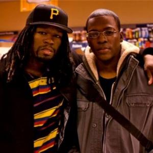 Cedric Sanders and 50 cent on set for Things Fall Apart