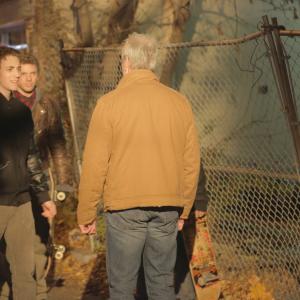 Austin MacDonald with Henry Rollins on set of He Never Died