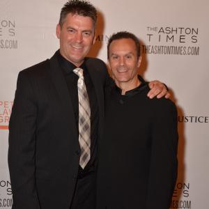 At the world premiere of Justice Is Mind on August 18 2013 in Albany NY at The Palace Theatre Vernon Aldershoff l who stars as Henri Miller with director Mark Lund