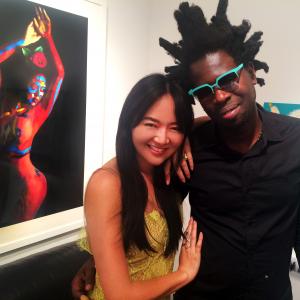 Angel Pai with artist Bradley Theodore at the Antoine Verglas x Bradley Theodore exhibition Angel Pai models in body paint painted by Bradley Theodore shot by Antoine Verglas