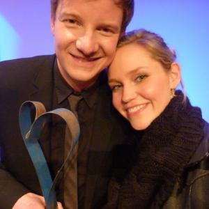 Martin Busker and producer Kathrin Tabler at film award MaxOphlsPreis with the award for best middle length movie