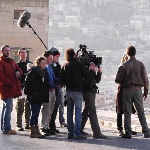 Vicky on set of Born of War in Amman Jordan with James Frain Sofia Black DElia Producer Rupert Whitaker and DOP Malte Rosenfeld