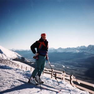 In this shot, Alexander Kanellakos (Al for short) prepares for 35mm principal photography for the show Tall Trees for Miles; a Miles Davis music documentary and photomontage dedicated to the urban forest canopy and preservation of North Americas indigenous natural forests. Above the tree line, the crew has to first ski down some of the most challenging runs at Lake Louise to get to the great vast and picturesque towering evergreen forests (Douglas fir, white spruce, pine, aspen and balsam) located in the Canadian Rockies of Alberta, Canada.