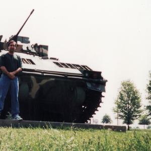 Executive Producer Alexander Kanellakos is pictured here in front of one of the outdoor (BFV M2-A2) artifacts during filming at Aberdeen Proving Grounds Army Ordnance Museum for the TV Series 