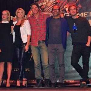 Jena Malone, Stephanie Leigh Schlund, Alan Ritchson,Jeffrey Wright & Sam Claflin during 'The Hunger Games: Catching Fire' National Victory Tour on November 6, 2013 in Houston, Texas