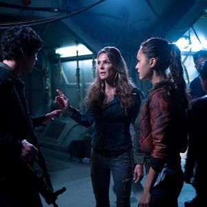 Still of Paige Turco Bob Morley and Lindsey Morgan in The 100 2014