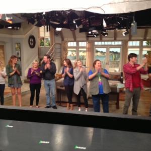 On set photo of Ashton Kutcher Jon Cryer Amber Tamblyn Camila Greenberg Conchata Ferrell Courtney ThorneSmith DB Sweeney Marianne Chambers Tiffany Panhilason Two and a Half Men 2013