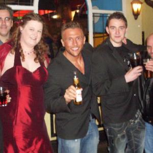 Terrence Betts 2nd Right with Gemma Stockdale far left Anthony Preece EbonyRae Michaelson Adam Baroni Jordan Armstrong and Joshua Michaelson at the PostPremiere party of Saviour 2011