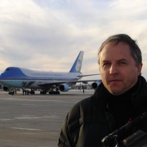 On location in Elmendorf Air Force Base Alaska President Bush Air Force One in background Pool feed for national news