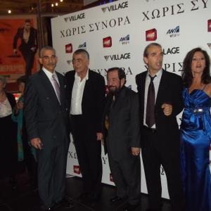 Jesse  Director Nick Gaitatjis Actor Yorgo Voyagis ProducerActress Sandra Staggs in beautiful blue gown Actor Paul Lillios at Without Borders movie premiere in Athens Greece Oct 18 2010 Jesse played character Don Carlos