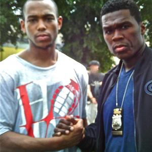 Curtis 50 Cent Jackson and Roger Edwards on set of Freelancers
