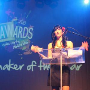 Meg delivering winning speech for RAW Filmmaker of the Year at the 2010 RAWards at the Henry Fonda Music Box.