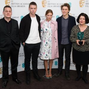 Spencer McHugh Director of Brand at EE Will Poulter Lea Seydoux George MacKay and Pippa Harris EE Rising Star Deputy Chair attend the nominations photocall for the EE Rising Star award at BAFTA on January 6 2014 in London England