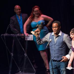 Steffi DiDomenicantonio and Matthew Brown accepting the Dora Award for Outstanding Performance by an Ensemble for 