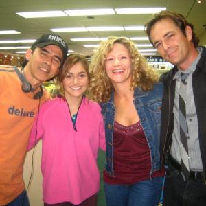 On the set of Alice Upside Down with Sandy Tung Alison Stoner and Luke Perry