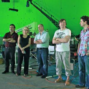 Producers on set of Iron Sky, Gold Coast, Queensland. Mark Overett & Cathy Overett on left; Tero Kaukomaa & Oliver Damian on right.