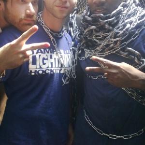 Shane Brady with director Aaron Moorhead and rapper DeStorm Power on the King Kong Music video shoot