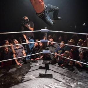 A top-rope elbow drop wearing a GoPro camera at Hoodslam in January, 2014.